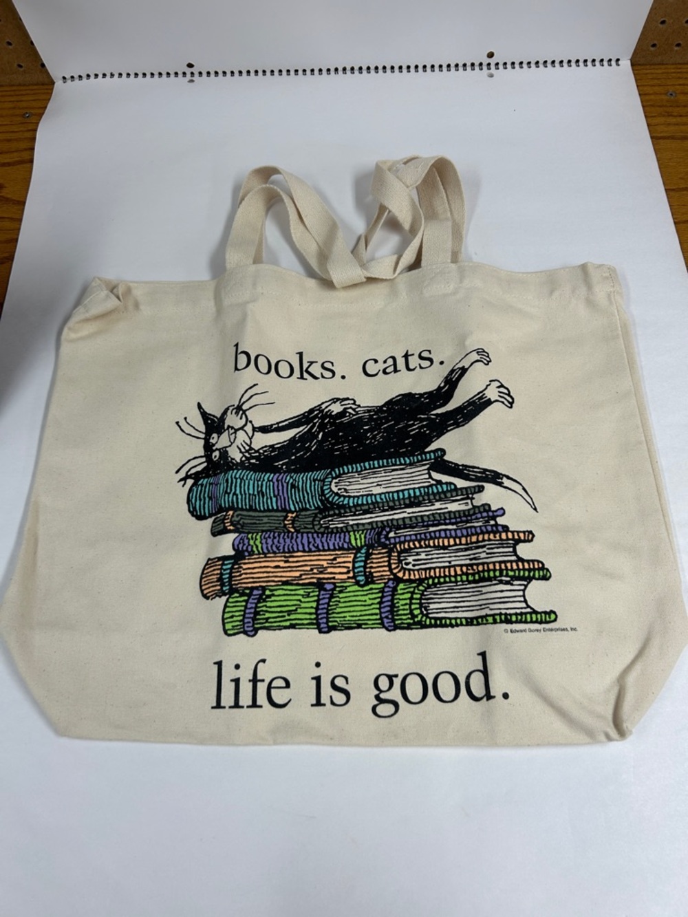 Life Is Good Cream Tote with Books & Cat Illustration